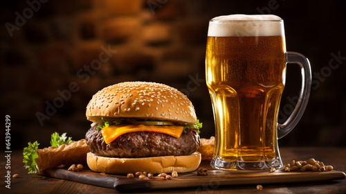 glass of beer and a hamburger