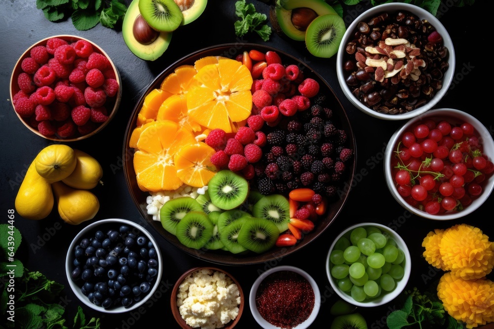 overhead shot of fruit salad ingredients on a table overhead shot of fruit salad ingredients on a table