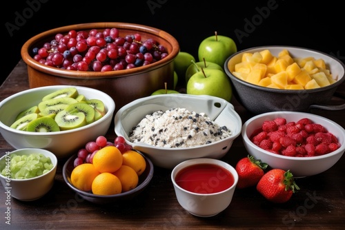 fruit salad ingredients in separate bowls  ready to mix