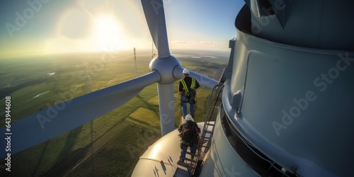 Wind Turbine Reliability: Maintenance Workers High Above Ground in the Renewable Energy Sector photo