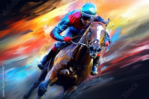 Vibrant Colorful Illustration of a Speeding Jockey and Horse © Nld