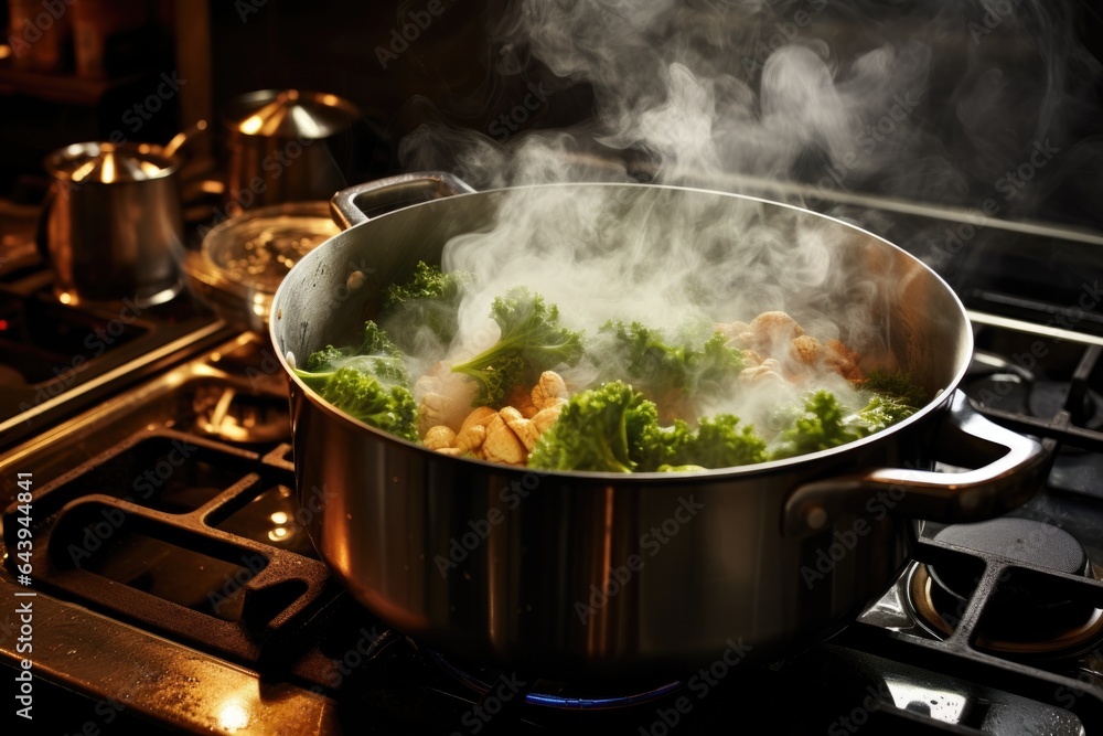 soup pot simmering on a stovetop with steam rising soup pot simmering on a stovetop with steam rising