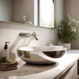 close up of a modern sink in a minimal bathroom, natural and neutral colors