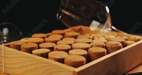 Wine corks and glass on an old vintage wooden board. photo