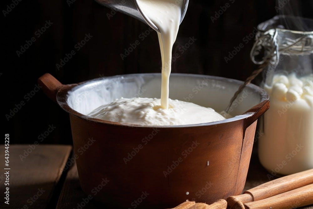 adding rennet to milk to form curds and whey Stock Photo | Adobe Stock