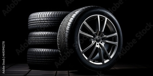 New Car Wheels on the Left Side of the Image, Set Against a Sleek Black Background, Showcasing Modern Design and Automotive Excellence