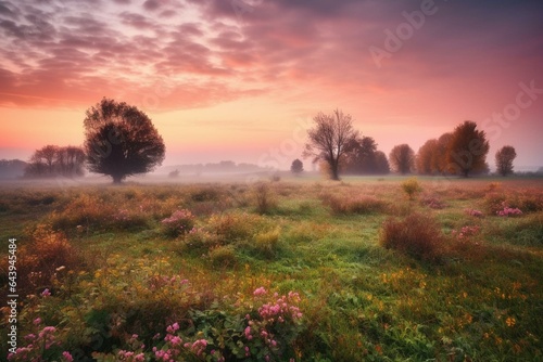 Stunning autumn sunrise over a picturesque meadow with a pink sky. Generative AI