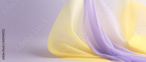 Zwiewna zasłona z woalu, tkanina opadająca na podłoże, podłogę. Kolory fioletowe i żółte. Poziome tło