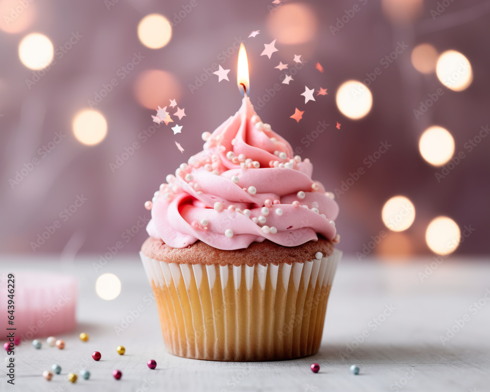 Pink frosted cupcake with sparkling stars and bokeh lights Pink frosted cupcake with sparkling stars and bokeh lights