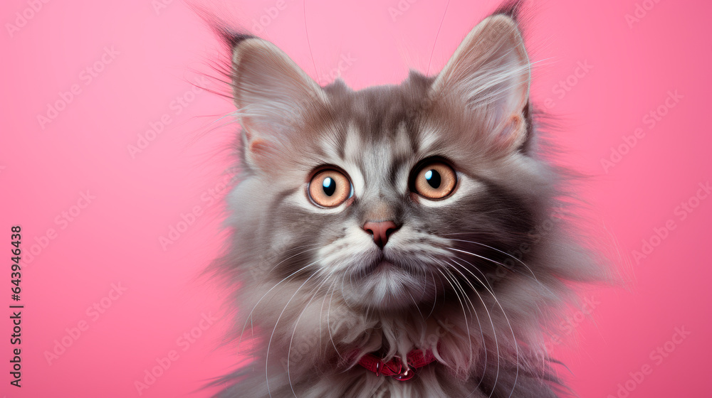 Adorable cat with serious straight look, isolated on pink background