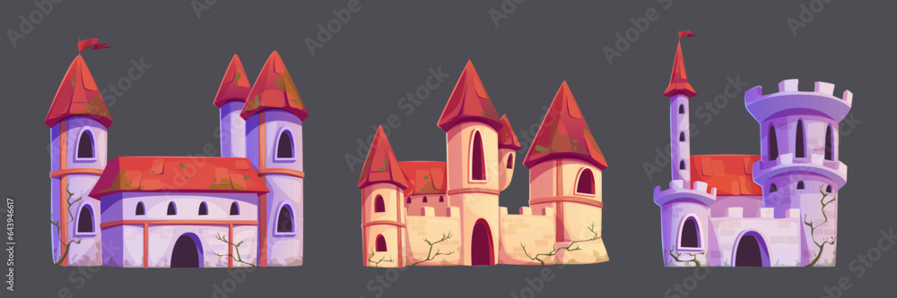 Medieval castles set isolated on background. Vector cartoon illustration of ancient royal palaces with red roofs and flags on top of stone towers, arch windows and entrance gates, fairytale fortress Medieval castles set isolated on background. Vector cartoon illustration of ancient royal palaces with red roofs and flags on top of stone towers, arch windows and entrance gates, fairytale fortress