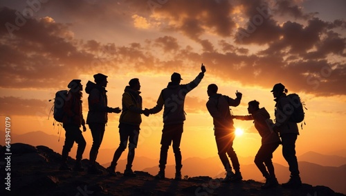 A group of friends having fun at the top of mountains during the sunset 