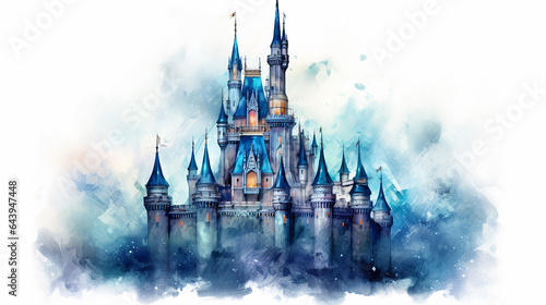 Blue fairy tale castle watercolor painting illustration made by generative AI