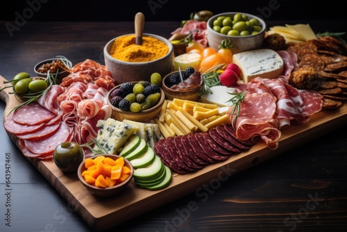 charcuterie board featuring cheese, cured meats, and pickles