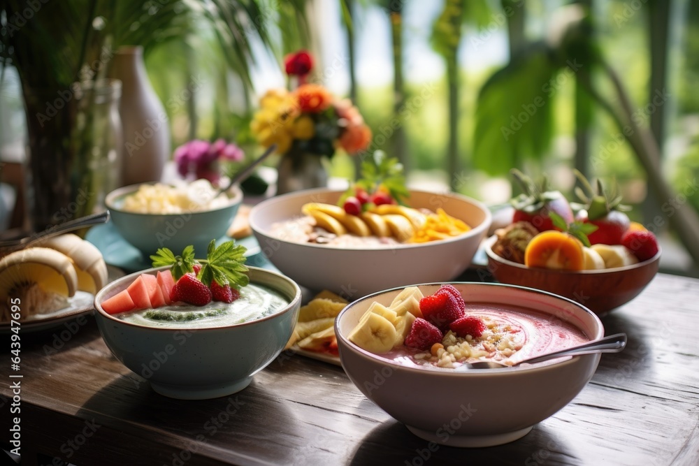 tropical outdoor setting with smoothie bowls on table