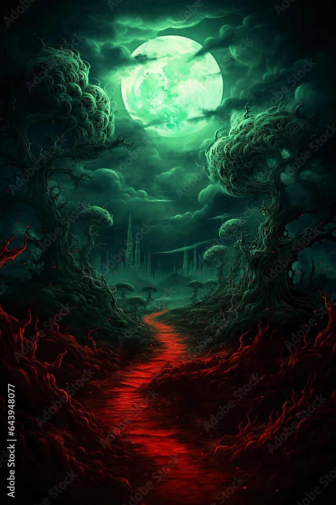 halloween background landscape with moon with red green hues and creepy trees halloween background landscape with moon with red green hues and creepy trees