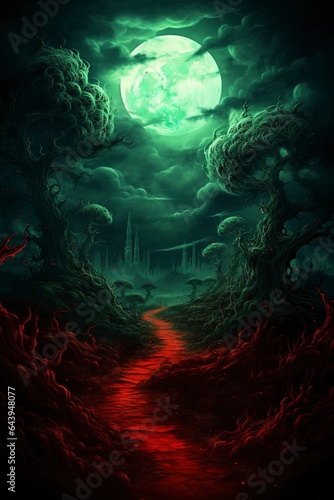 halloween background landscape with moon with red green hues and creepy trees