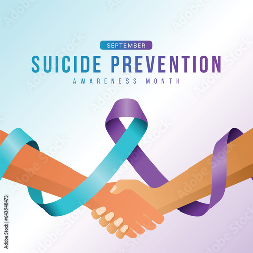 September, Suicide prevention awareness month - Two hands holds each other with teal purple ribbon awarene vector design