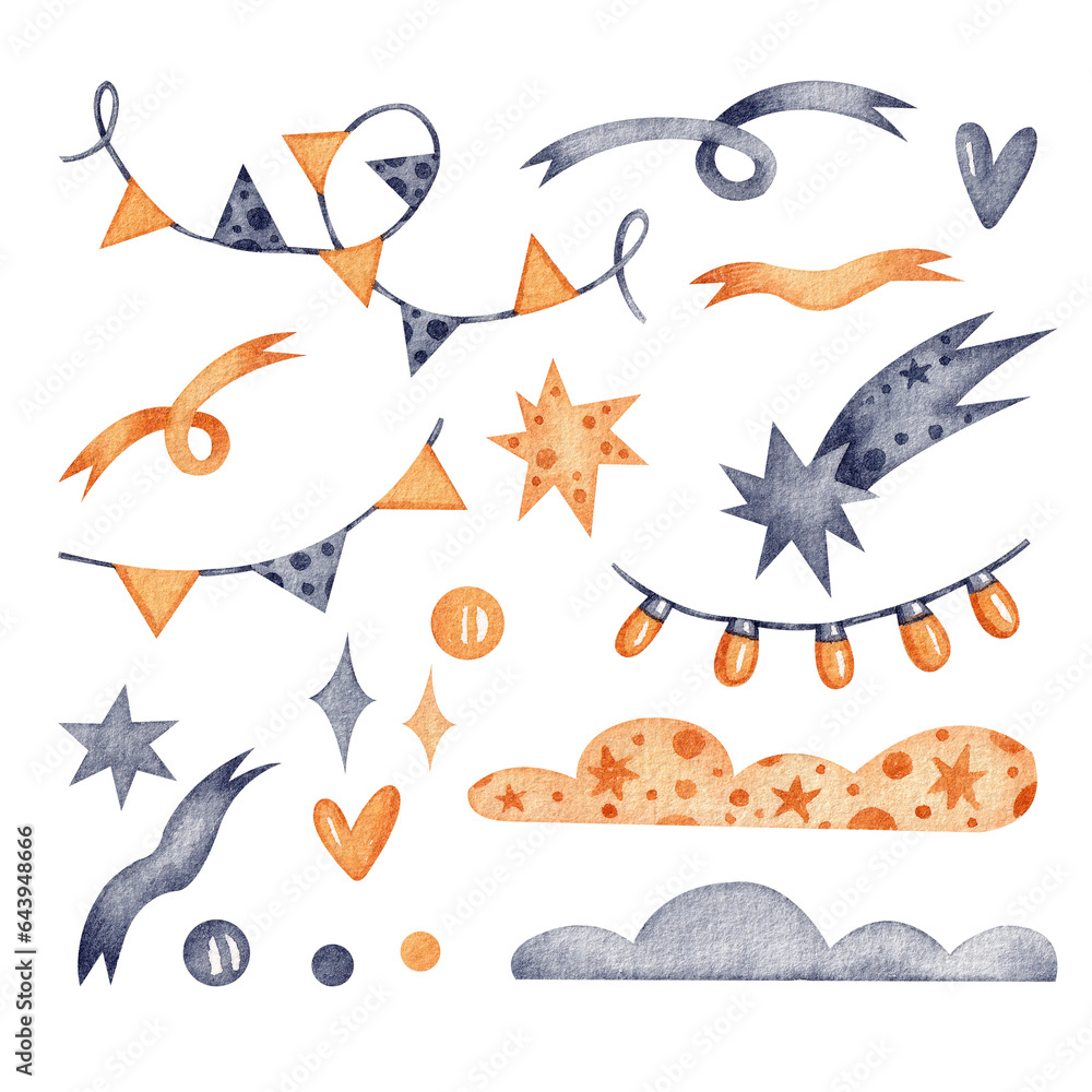 Obraz premium A set with gray and yellow stars, clouds and garlands. Watercolor illustration. Child. Cute. Collection. Sky. Dreams. Handmade work. Art. Design. Holidays. Cartoon. Baby. Night. Comets.