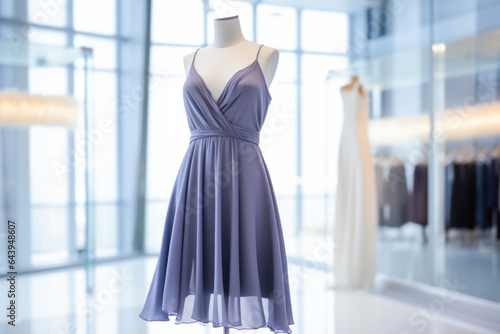 Elegant blue dress on mannequin showcasing modern fashion trends in boutique setting.