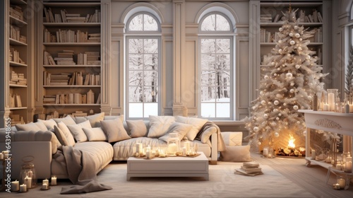 Interior of classic white living room with Christmas decor. Blazing fireplace, garlands and burning candles, elegant Christmas tree, comfortable cushioned furniture, bookcase, large arch windows.