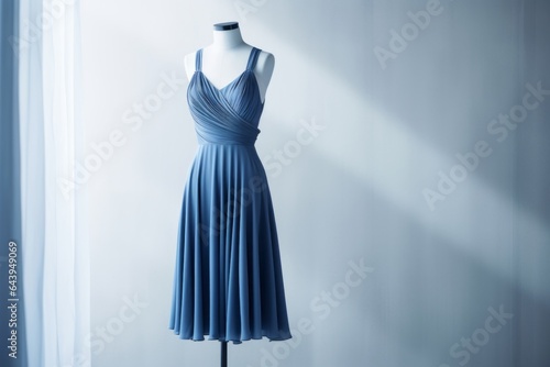 Elegant blue dress on mannequin showcasing modern fashion trends in boutique setting, generative ai.