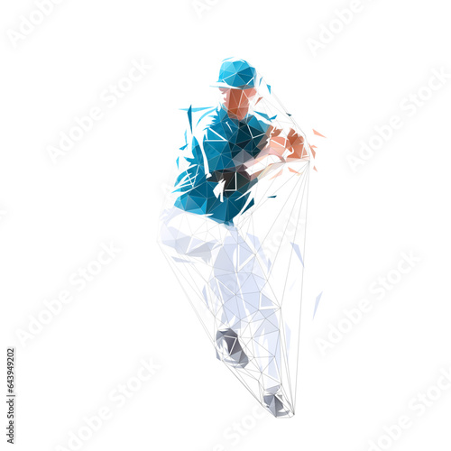 Baseball pitcher throwing, low poly logo illustration from triangles. Isolated vector drawing