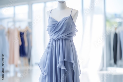 Elegant blue dress on mannequin showcasing modern fashion trends in boutique setting, generative ai. © Phanida