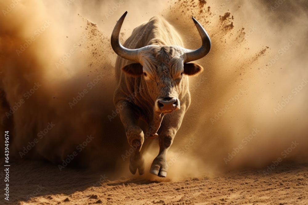 bull kicking up dust in action-packed moment