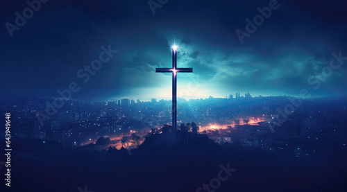Cross of Jesus Christ on the background of the night city.