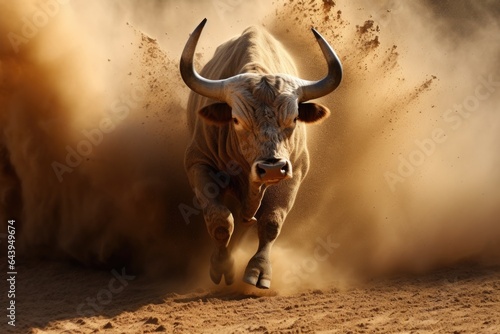 bull kicking up dust in action-packed moment