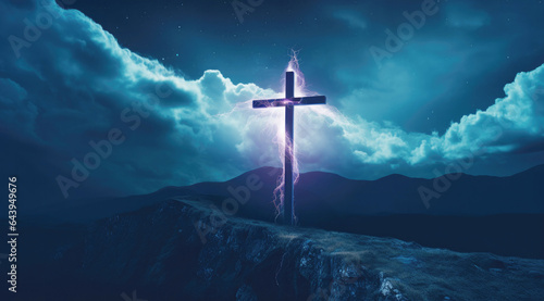 Cross on the top of the mountain at night