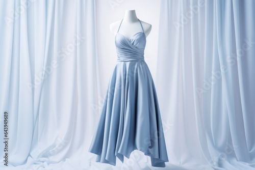 Elegant blue dress on mannequin showcasing modern fashion trends in boutique setting, generative ai.