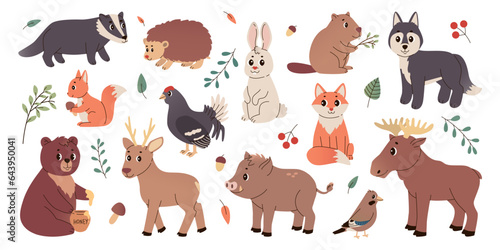 Set of different isolated cute funny forest animals in flat vector style on white background. Woodland life. Bear, elk, deer, beaver, grouse, hare, fox, wolf, badger, hedgehog, jay, roe, squirrel