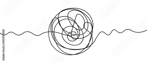 A tangled sphere of threads. Sketch. A ball with a wavy beginning and end. Chaotically intertwined lines. Vector illustration. Hand drawing. Doodle style. Outline on isolated background. 