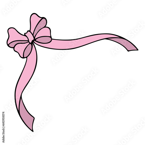 Bow with long pink ribbons. Corner decoration from a beautifully tied bow. Color vector illustration. Isolated background. Cartoon style. Romantic decoration. Idea for web design, invitations