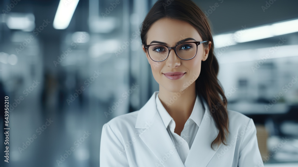 Portrait of a young female scientist against the backdrop of a modern laboratory Portrait of a young female scientist against the backdrop of a modern laboratory