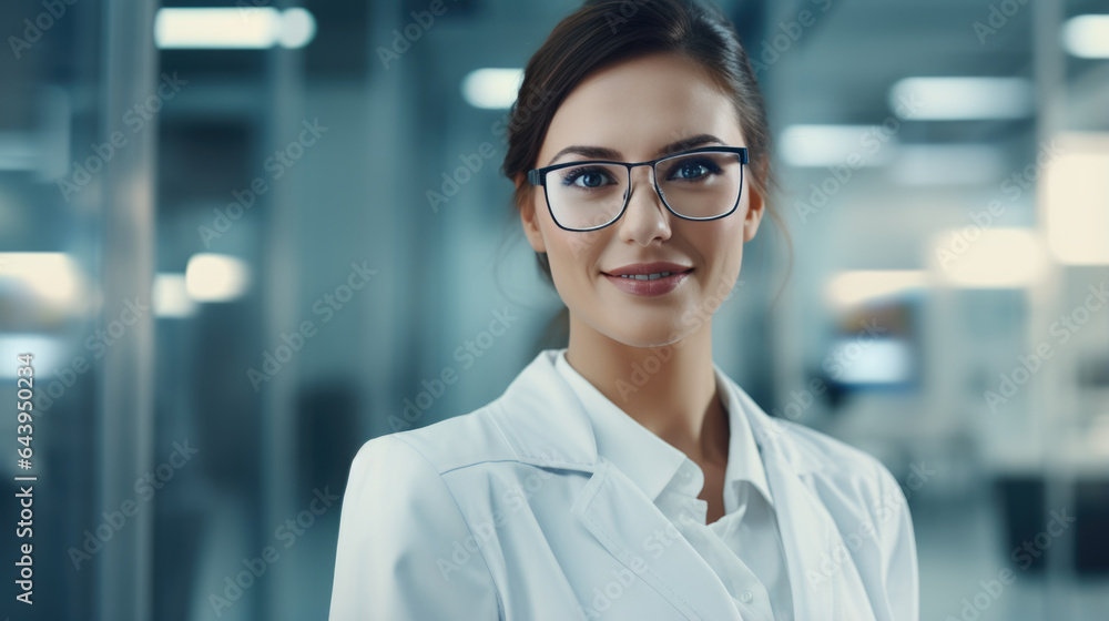 Fototapeta premium Portrait of a young female scientist against the backdrop of a modern laboratory
