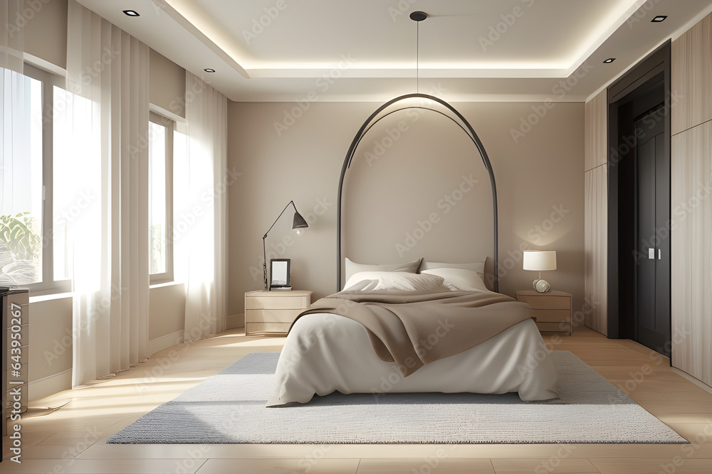 On trend large arch in modern beige bedroom interior with pendant lights over bed, rug and