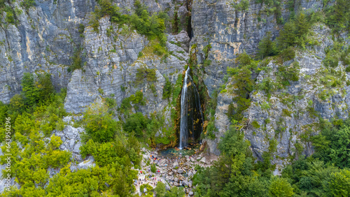 Aerial drone view of Grunas Waterfall in Theth National Park, Albania. Albanian Alps