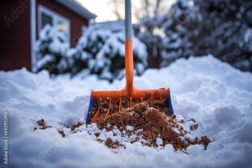 close-up of snow shovel lifting snow