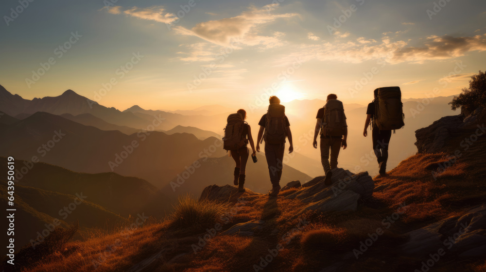 Group of hikers with backpacks walk in the background of the mountain landscape