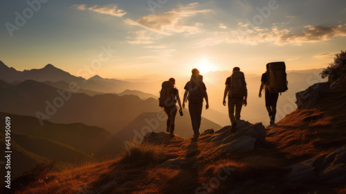 Group of hikers with backpacks walk in the background of the mountain landscape