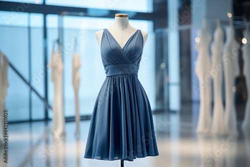 Elegant blue dress on mannequin showcasing modern fashion trends in boutique setting, generative ai.