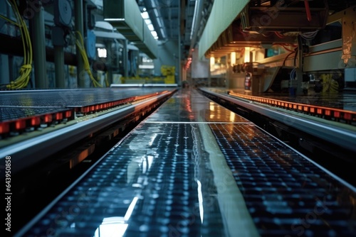conveyor belt carrying solar panels through production line