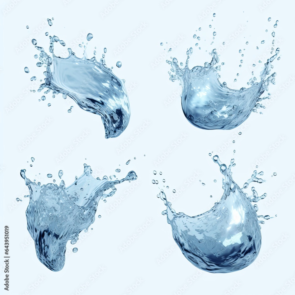 Set of pure water splashes. 3d illustration, Generative AI