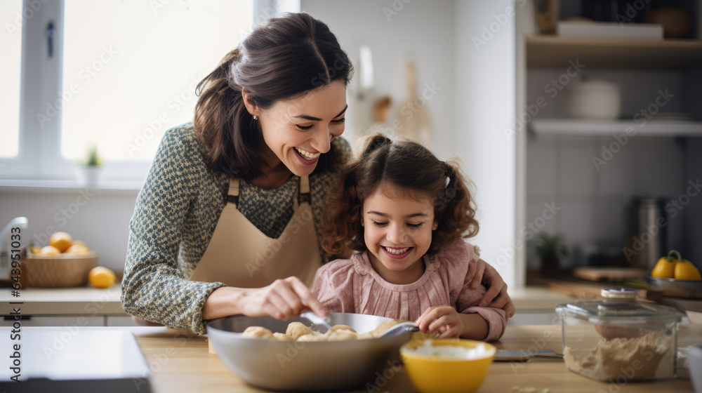 Mom and daughter are cooking in the kitchen. Mom and daughter are cooking in the kitchen.
