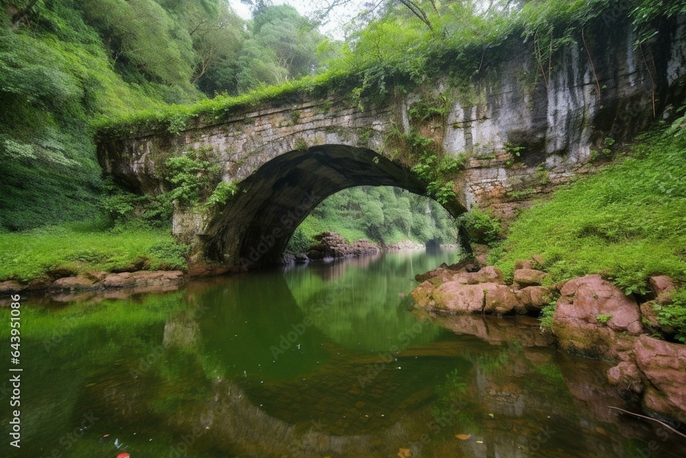 ancient cave's stone arch bridge spans emerald ponds. Generative AI