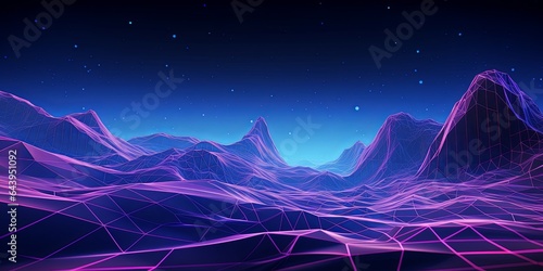 3d rendering, abstract virtual reality violet background, cyber space landscape with unreal mountains. Neon wireframe terrain, Generative AI