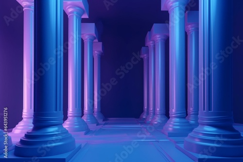 Artistic backdrop with pillar formations and luminous channels in gradient shades of blue and purple. Enigmatic 3D-rendered colossal structure. Generative AI